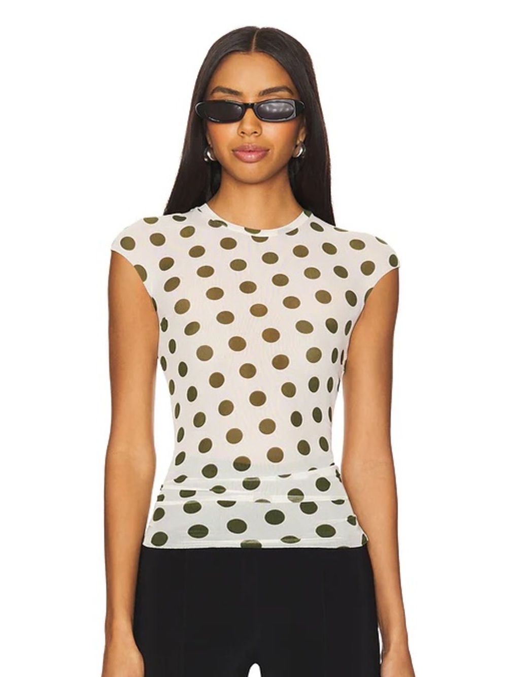 Fitted White Polka Dot Cap Sleeve Top - Olive Dots